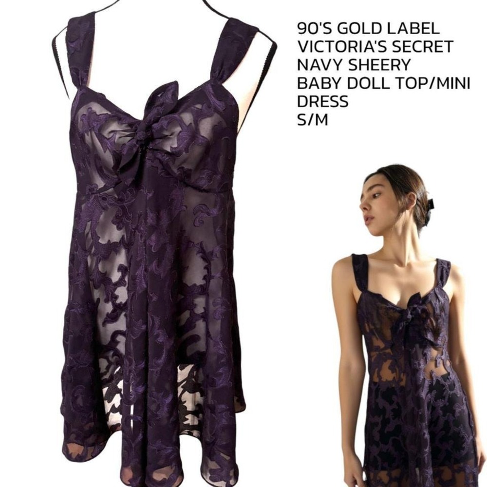 90'S VINTAGE GOLD LABEL VICTORIA'S SECRET NAVY‎ SHEER BABY DOLL DRESS TOP S/M